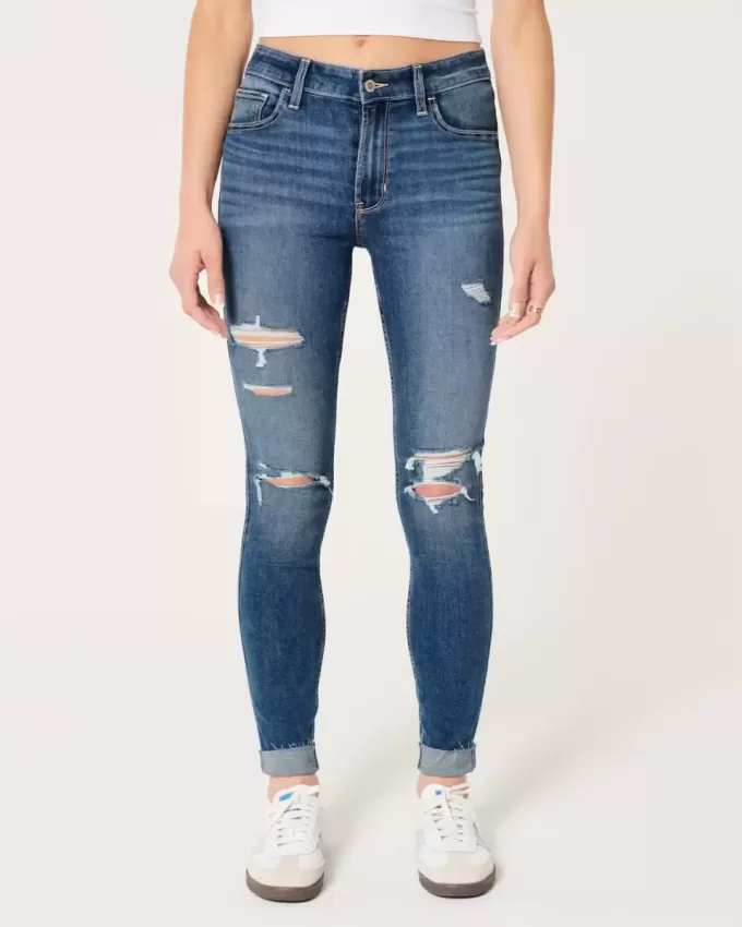 Jeans super skinny a vita alta con strappi e lavaggio medio