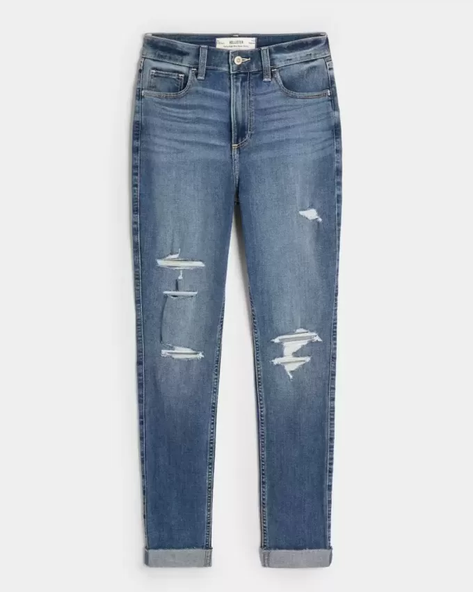 Jeans super skinny a vita alta con strappi e lavaggio medio