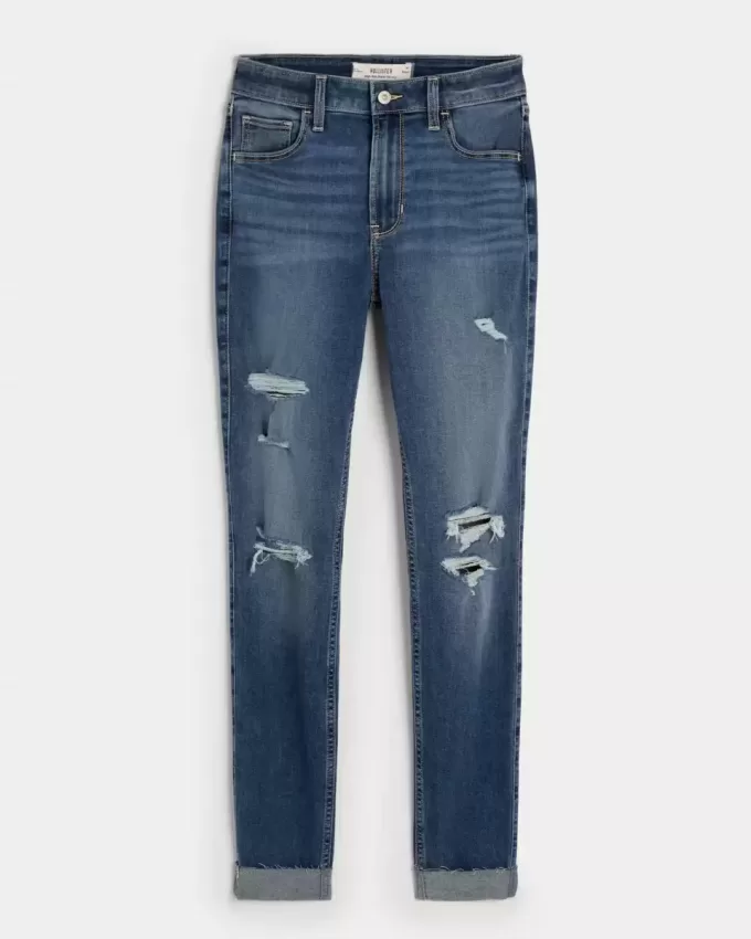 Jeans super skinny a vita alta con strappi e lavaggio medio