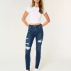 Jeans super skinny a vita alta con strappi e lavaggio scuro