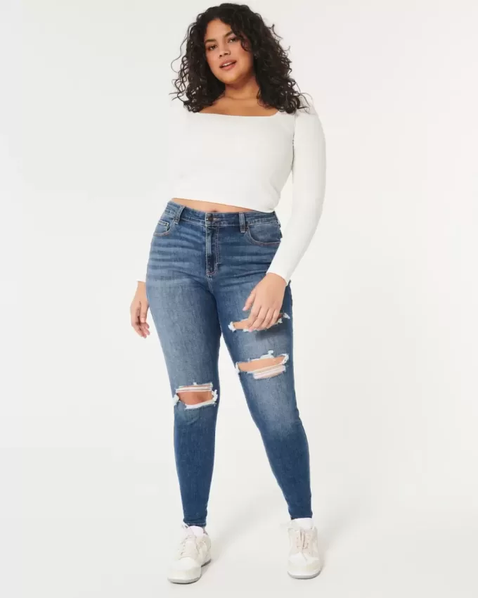 Jeans super skinny a vita alta con strappi e lavaggio scuro