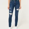 Jeans super skinny a vita alta con strappi e lavaggio scuro