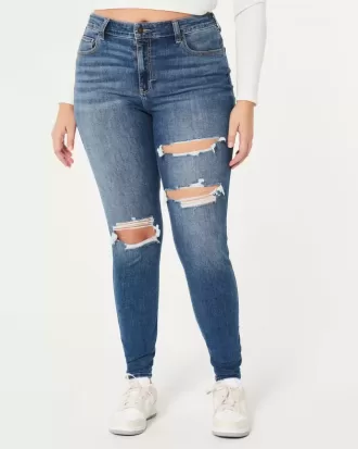 Jeans super skinny a vita alta con strappi e lavaggio scuro