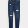 Jeans super skinny a vita alta con strappi e lavaggio scuro