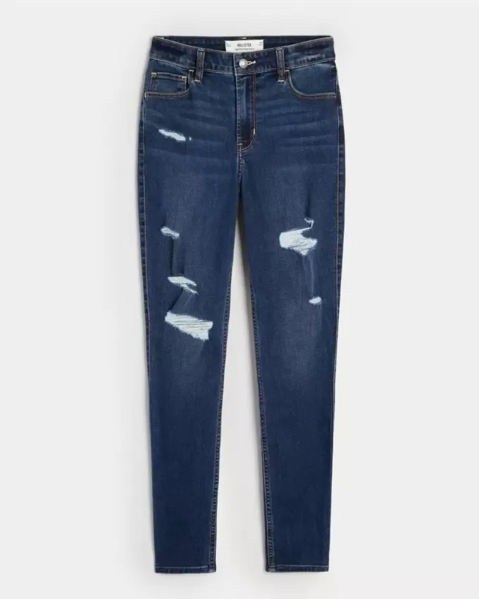 Jeans super skinny a vita alta con strappi e lavaggio scuro