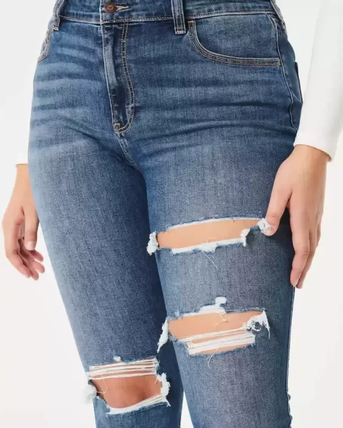 Jeans super skinny a vita alta con strappi e lavaggio scuro