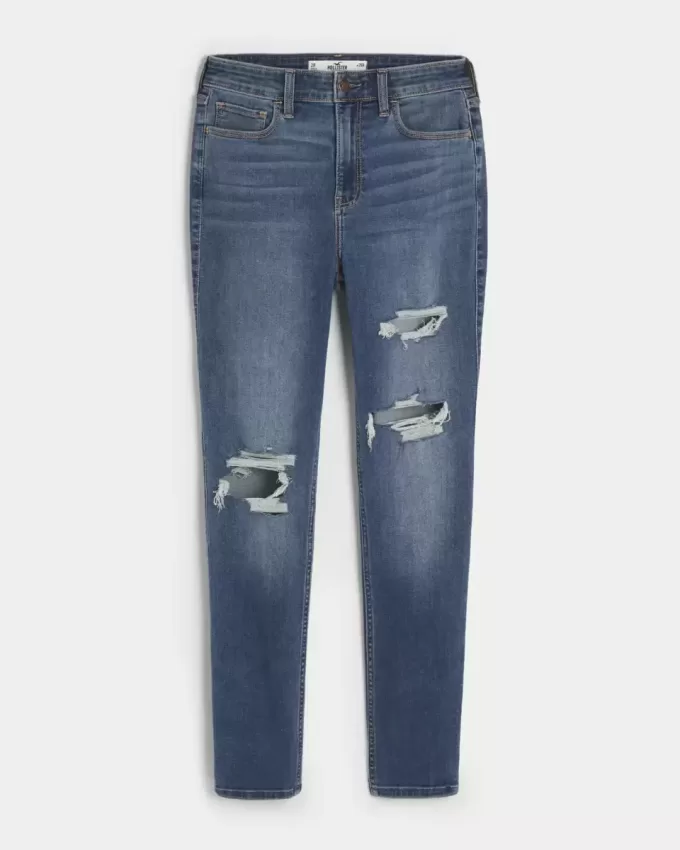 Jeans super skinny a vita alta con strappi e lavaggio scuro
