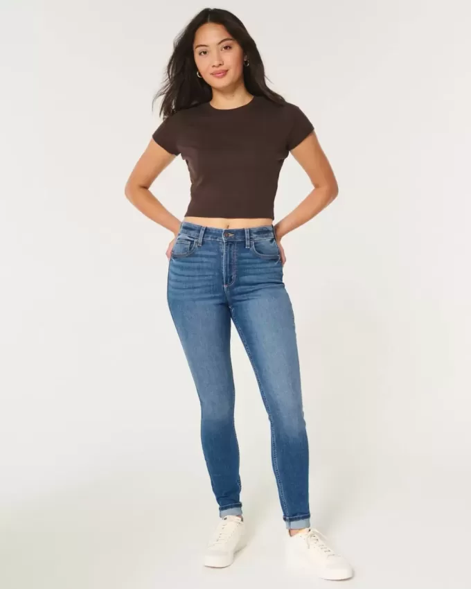 Jeans super skinny a vita alta e lavaggio scuro con effetto curvy