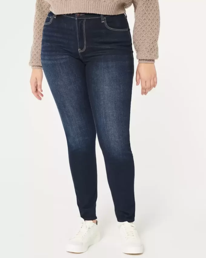 Jeans super skinny a vita alta e lavaggio scuro con effetto curvy
