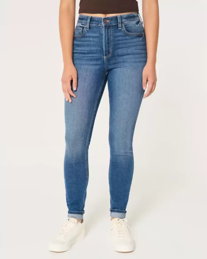 Jeans super skinny a vita alta e lavaggio scuro con effetto curvy