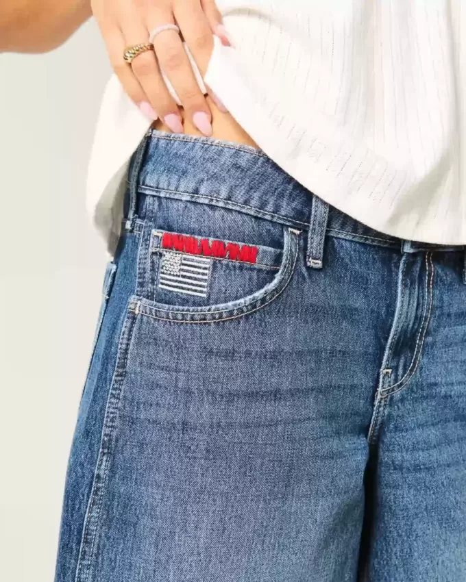 Jort baggy a vita bassa con stampa bandiera americana in lavaggio scuro