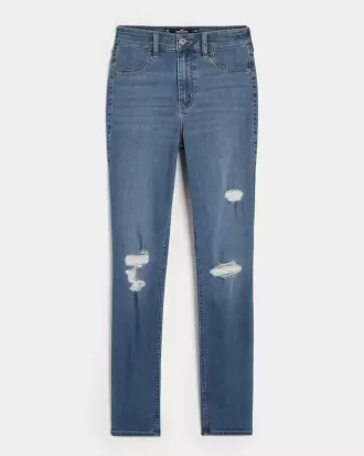 Leggings in jeans strappati a vita alta con lavaggio medio