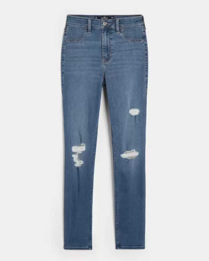 Leggings in jeans strappati a vita alta con lavaggio medio
