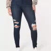 Leggings in jeans strappati e lavaggio scuro a vita alta
