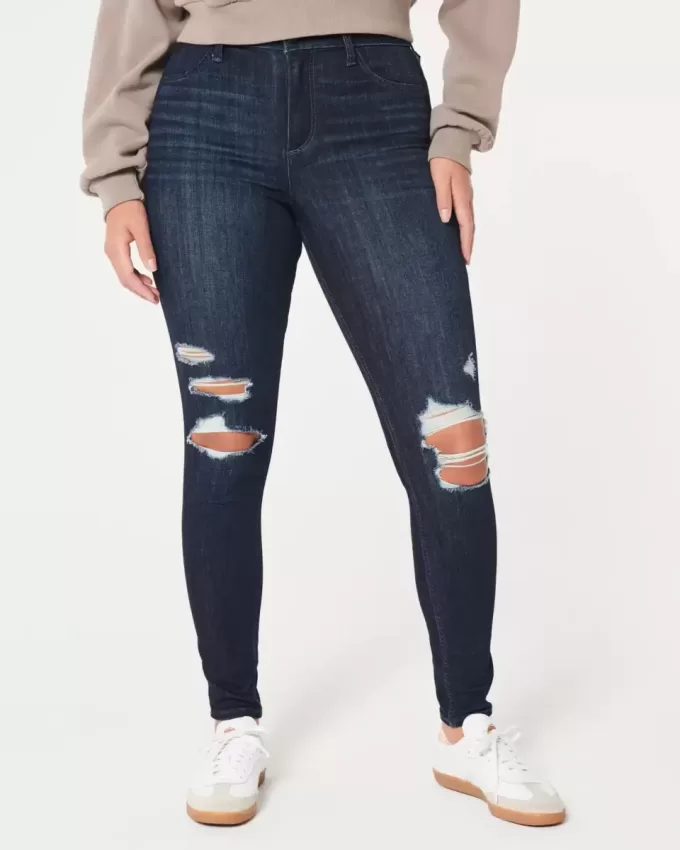 Leggings in jeans strappati e lavaggio scuro a vita alta