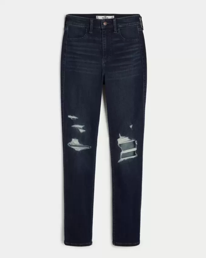 Leggings in jeans strappati e lavaggio scuro a vita alta