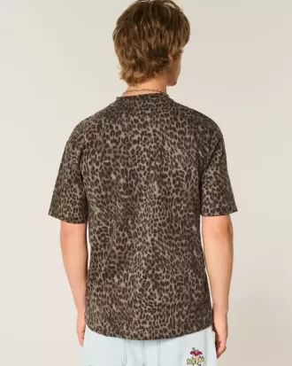 Maglietta girocollo in cotone pesante con stampa leopardata