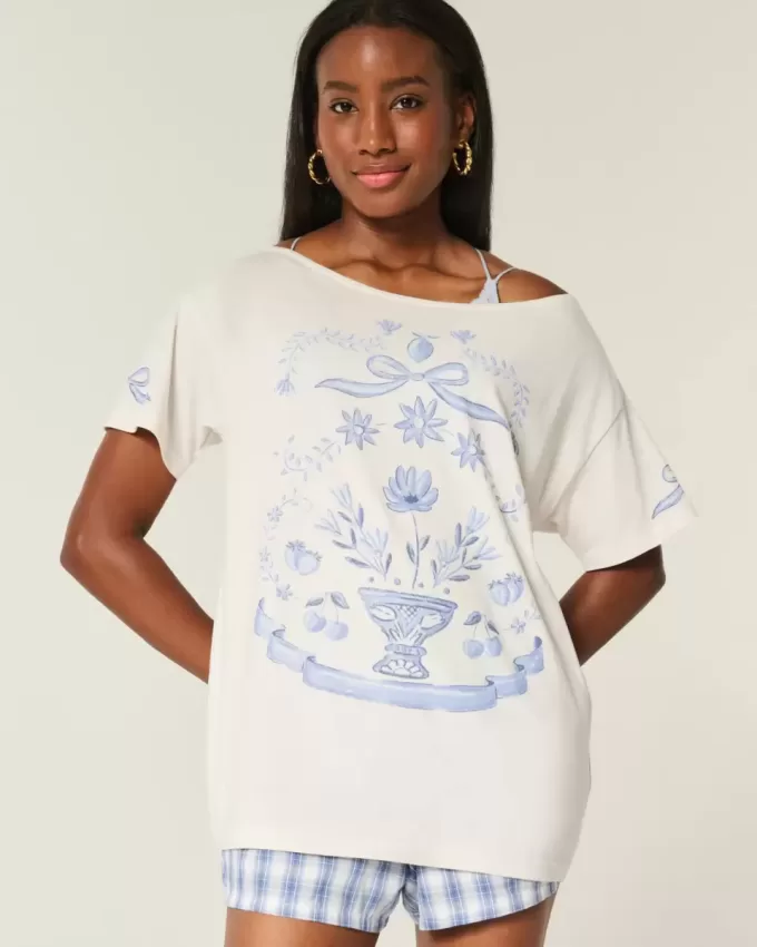 Maglietta grafica oversize con spalle scoperte