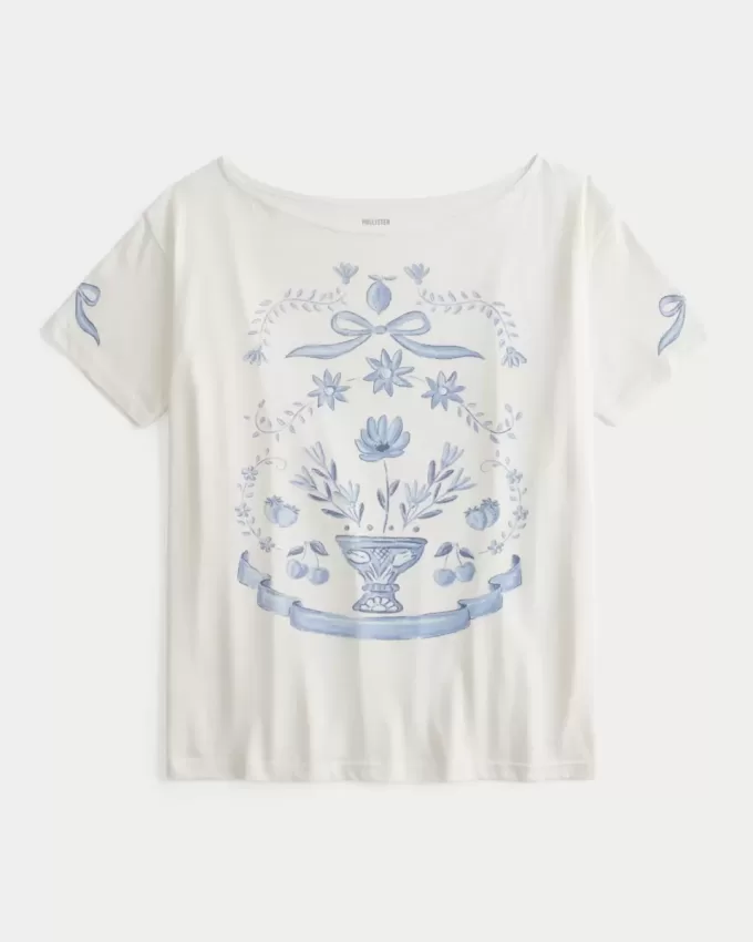 Maglietta grafica oversize con spalle scoperte