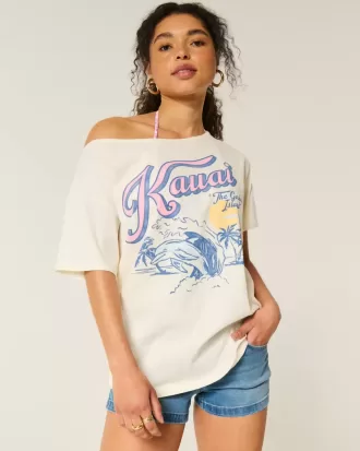 Maglietta oversize con stampa Kauai e spalle scoperte