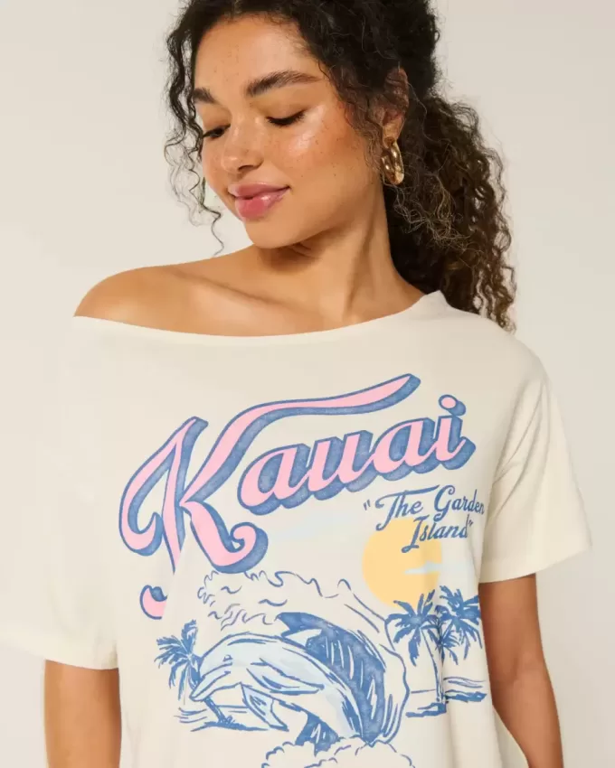 Maglietta oversize con stampa Kauai e spalle scoperte