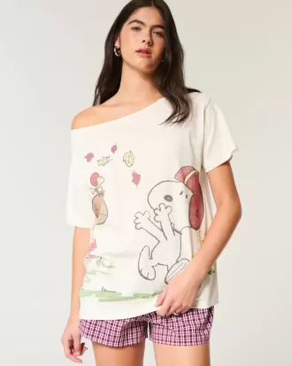 Maglietta oversize con stampa Snoopy e spalle scoperte
