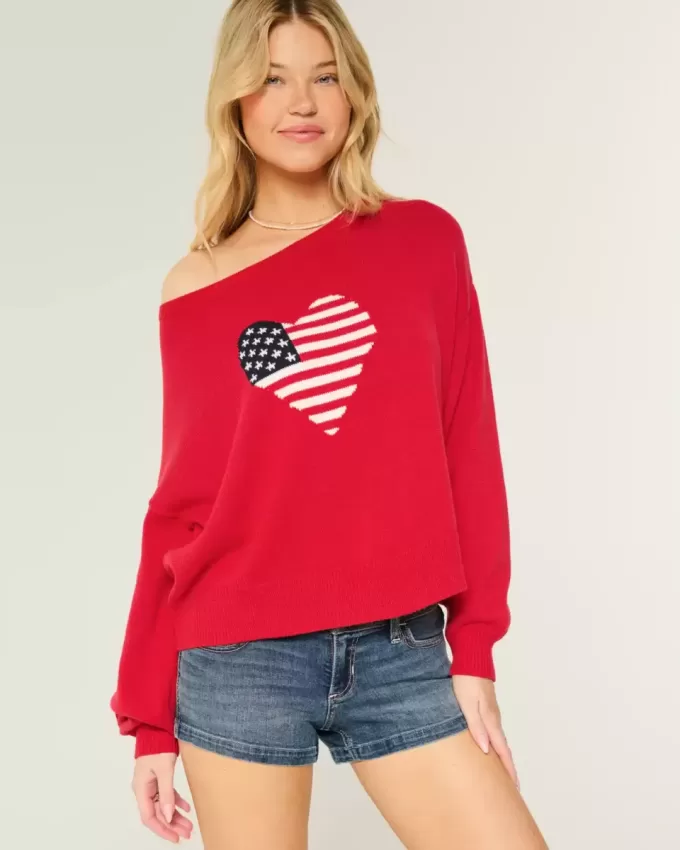 Maglione con bandiera a cuore e spalle scoperte Maglione con bandiera a cuore e spalle scoperte
