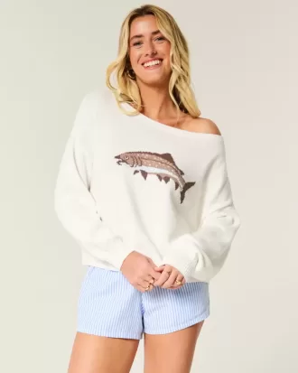 Maglione con grafica a forma di pesce e spalle scoperte