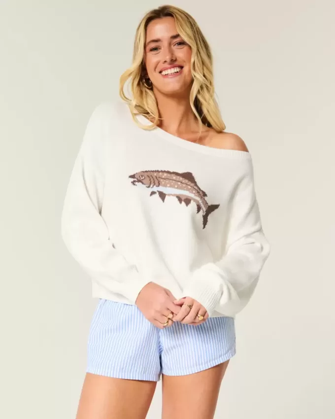 Maglione con grafica a forma di pesce e spalle scoperte Maglione con grafica a forma di pesce e spalle scoperte