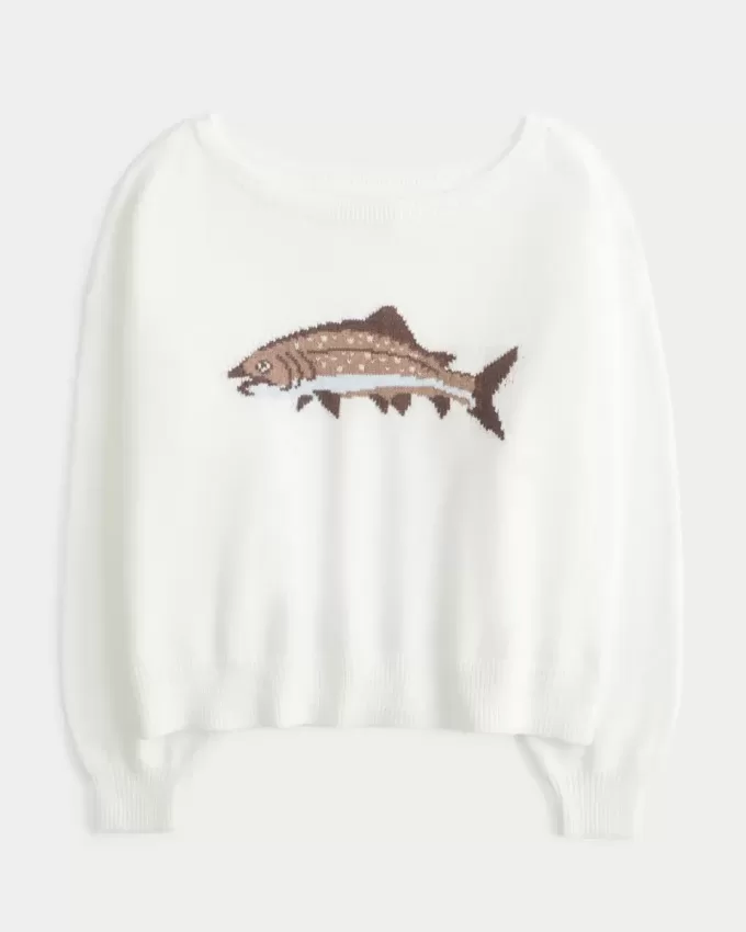 Maglione con grafica a forma di pesce e spalle scoperte Maglione con grafica a forma di pesce e spalle scoperte