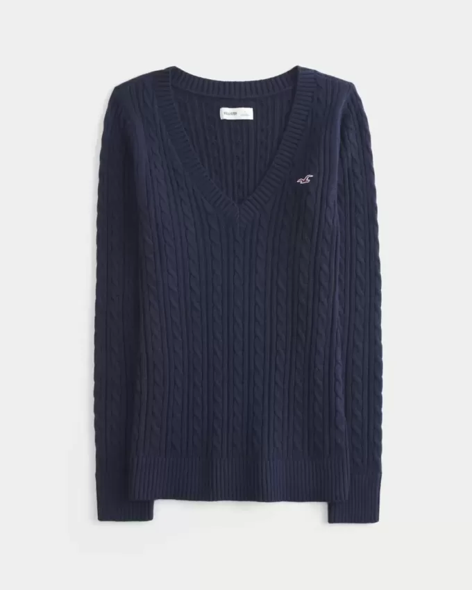 Maglione con scollo a V e lavorazione a trecce