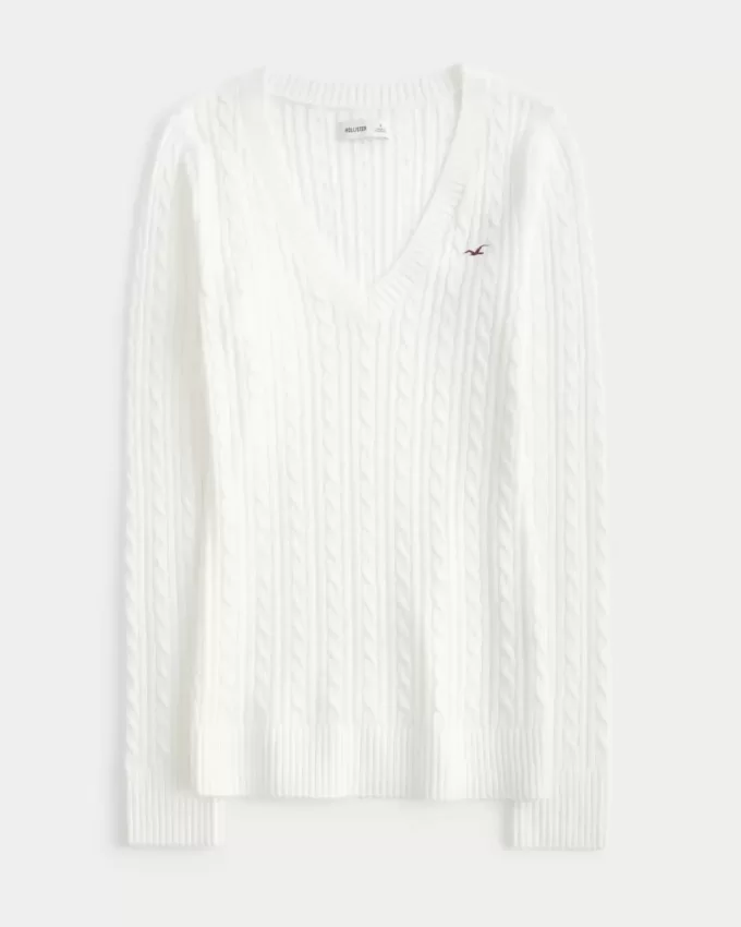 Maglione con scollo a V e lavorazione a trecce