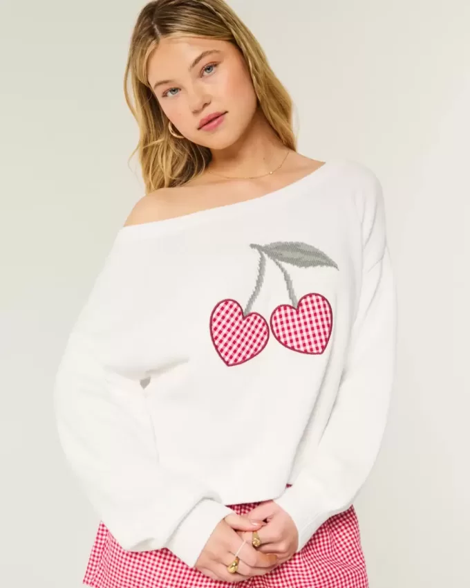 Maglione con spalle scoperte e grafica a cuore facile Maglione con spalle scoperte e grafica a cuore facile