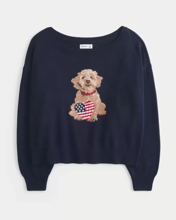 Maglione con stampa di cani a spalle scoperte Maglione con stampa di cani a spalle scoperte