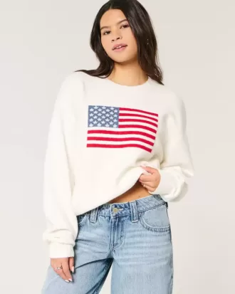 Maglione girocollo con grafica bandiera americana Comfy Cloud di Hollister