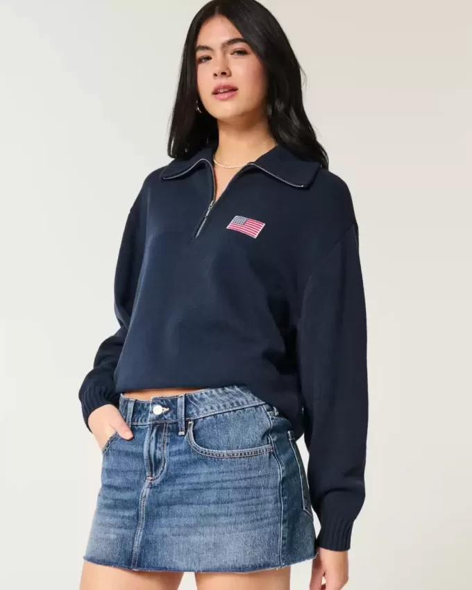 Maglione oversize con mezza zip e bandiera americana Maglione oversize con mezza zip e bandiera americana