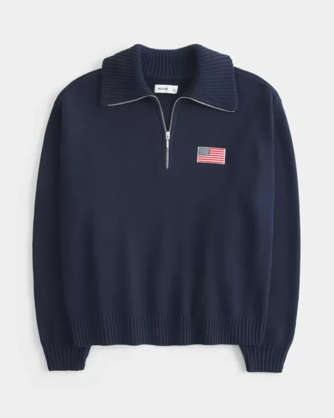 Maglione oversize con mezza zip e bandiera americana Maglione oversize con mezza zip e bandiera americana