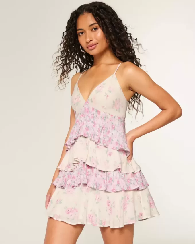Mini abito babydoll con scollo a V e volant a balze Mini abito babydoll con scollo a V e volant a balze