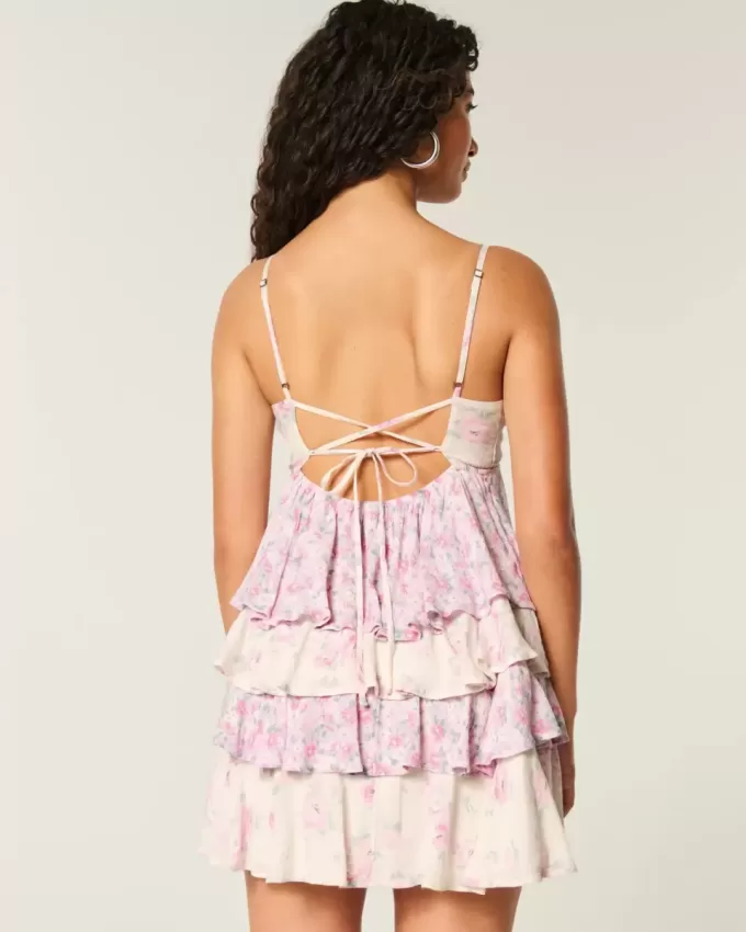 Mini abito babydoll con scollo a V e volant a balze Mini abito babydoll con scollo a V e volant a balze