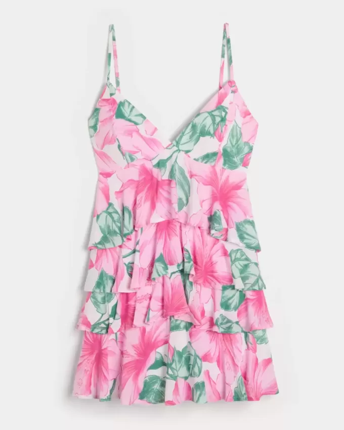 Mini abito babydoll con scollo a V e volant a balze