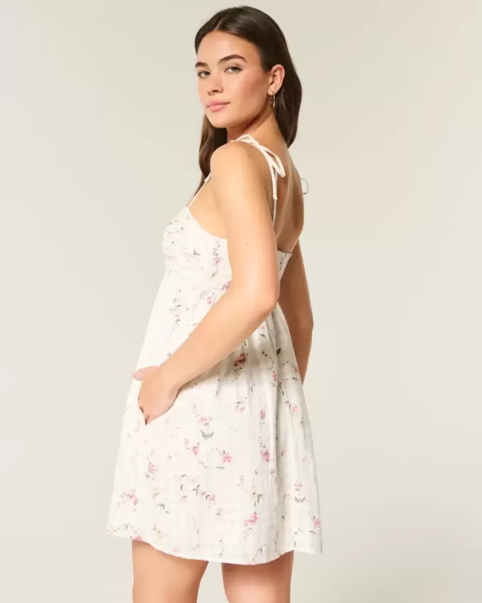 Mini abito babydoll con spalline annodate