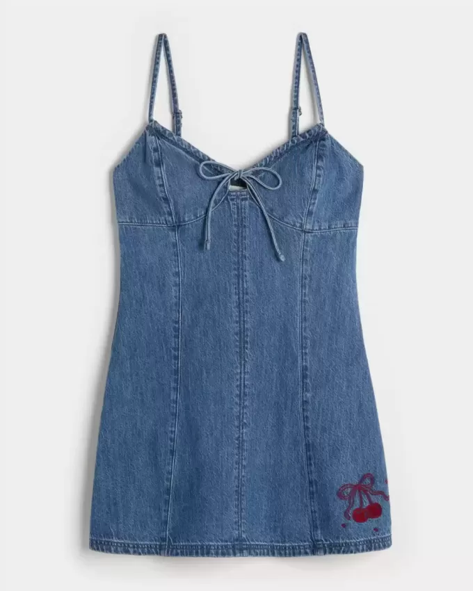 Mini abito con grafica in denim e ciliegie
