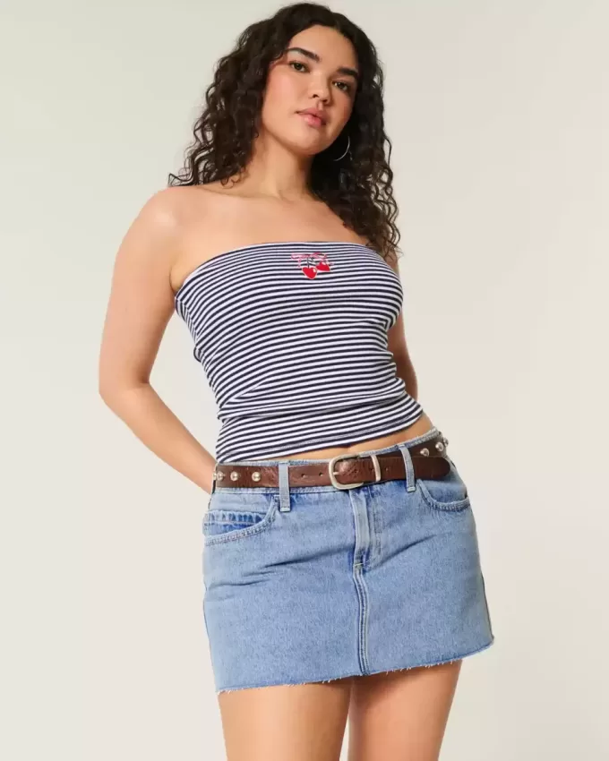 Mini gonna-pantalone in denim a lavaggio medio e vita bassa Curvy