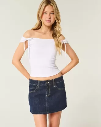 Mini gonna-pantalone in denim a quadri lavaggio scuro a vita bassa con tasche