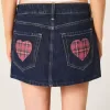 Mini gonna-pantalone in denim a quadri lavaggio scuro a vita bassa con tasche