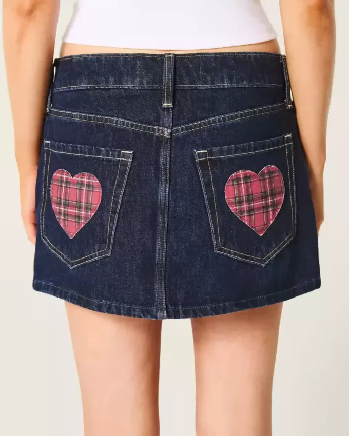 Mini gonna-pantalone in denim a quadri lavaggio scuro a vita bassa con tasche