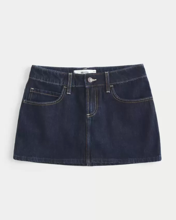 Mini gonna-pantalone in denim a quadri lavaggio scuro a vita bassa con tasche