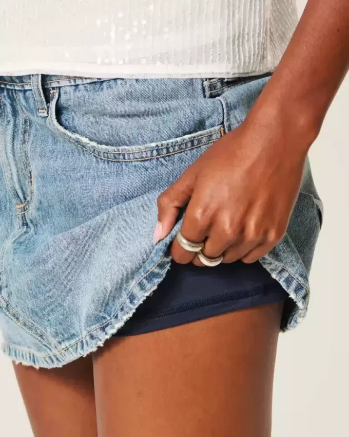 Mini gonna-pantalone in denim a vita bassa