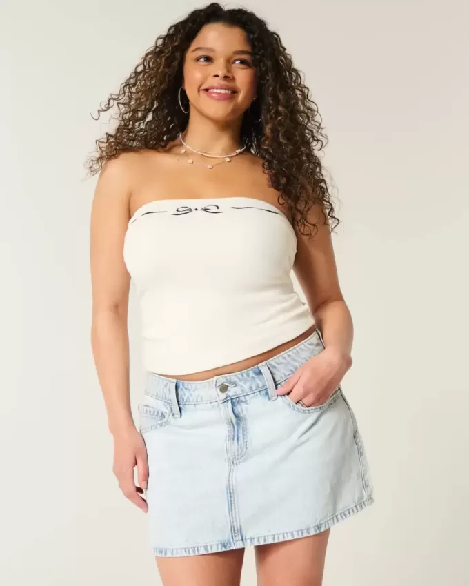 Mini gonna-pantalone in denim chiaro a vita bassa
