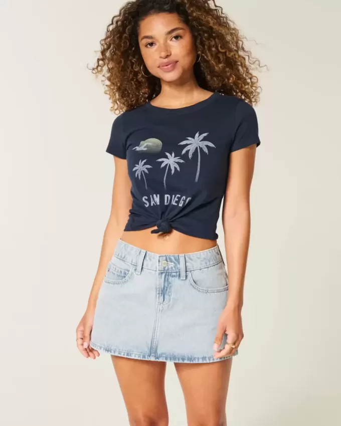 Mini gonna-pantalone in denim chiaro a vita bassa